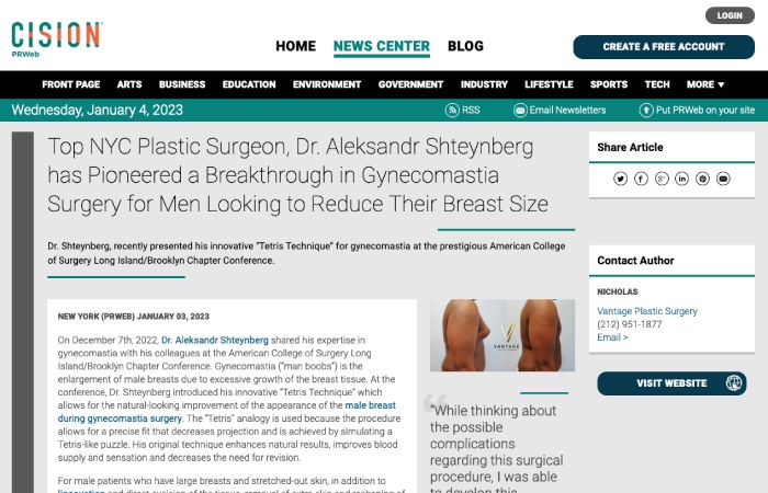 Screenshot of an article titled: Top NYC Plastic Surgeon, Dr. Aleksandr Shteynberg has Pioneered a Breakthrough in Gynecomastia Surgery for Men Looking to Reduce Their Breast Size
